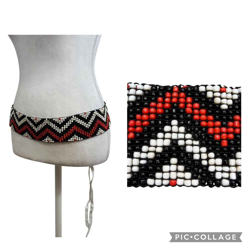 Ladies Beaded Stretch Belt One Size Red, White and Black